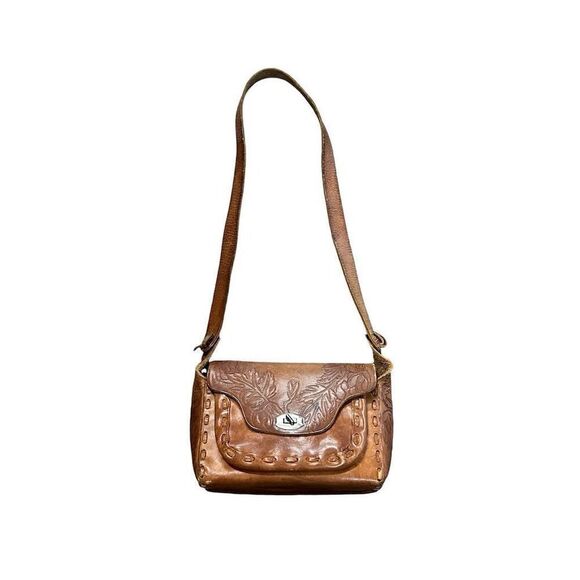 Vintage Brown Floral‎ Tooled Leather Shoulder Bag Purse Women's